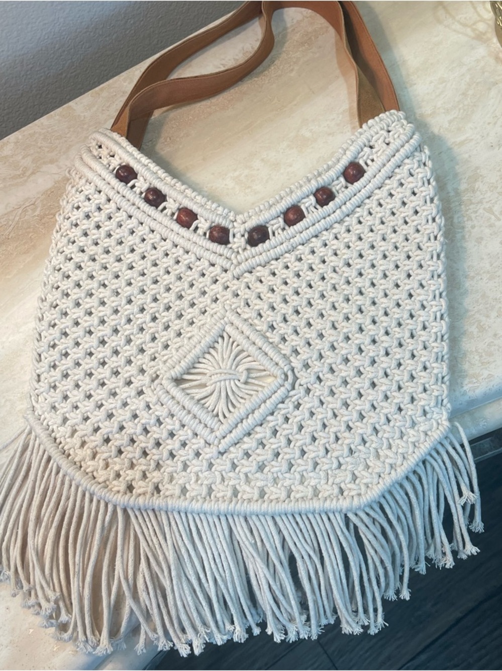 Handwoven Cream Macramé Fringe Hobo Bag with Brown Swede Strap